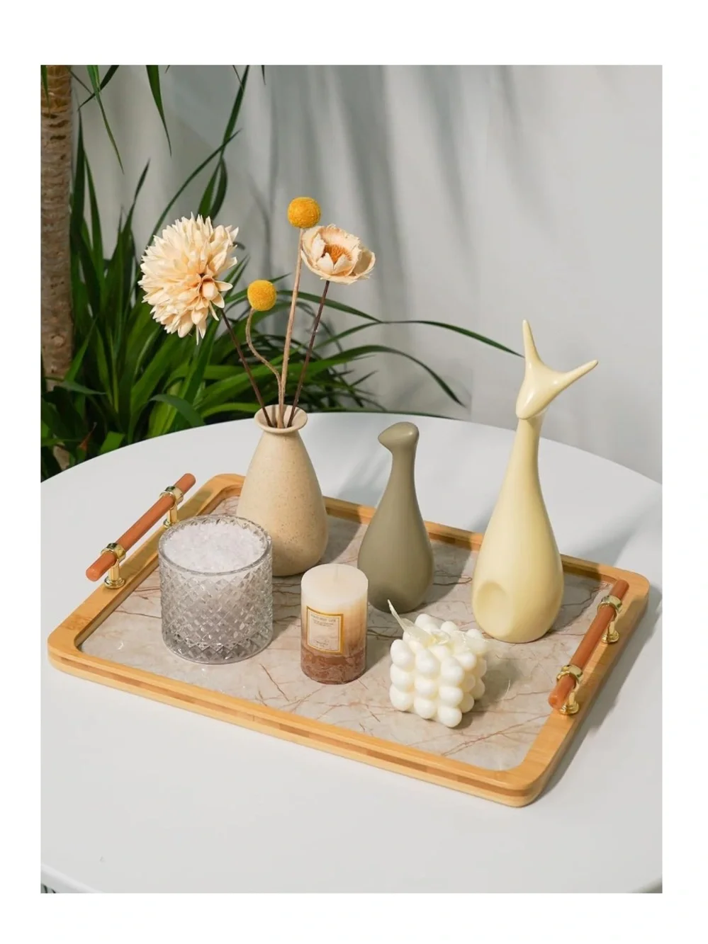 Bamboo Serving Tray with Handles - Decorative Marble Pattern